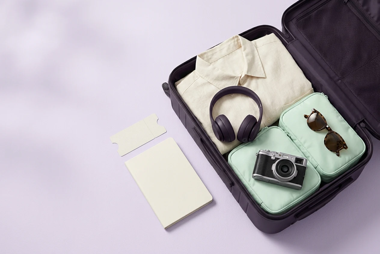 An open plum carry-on with a folded shirt, mint packing cubes, headphones and camera.